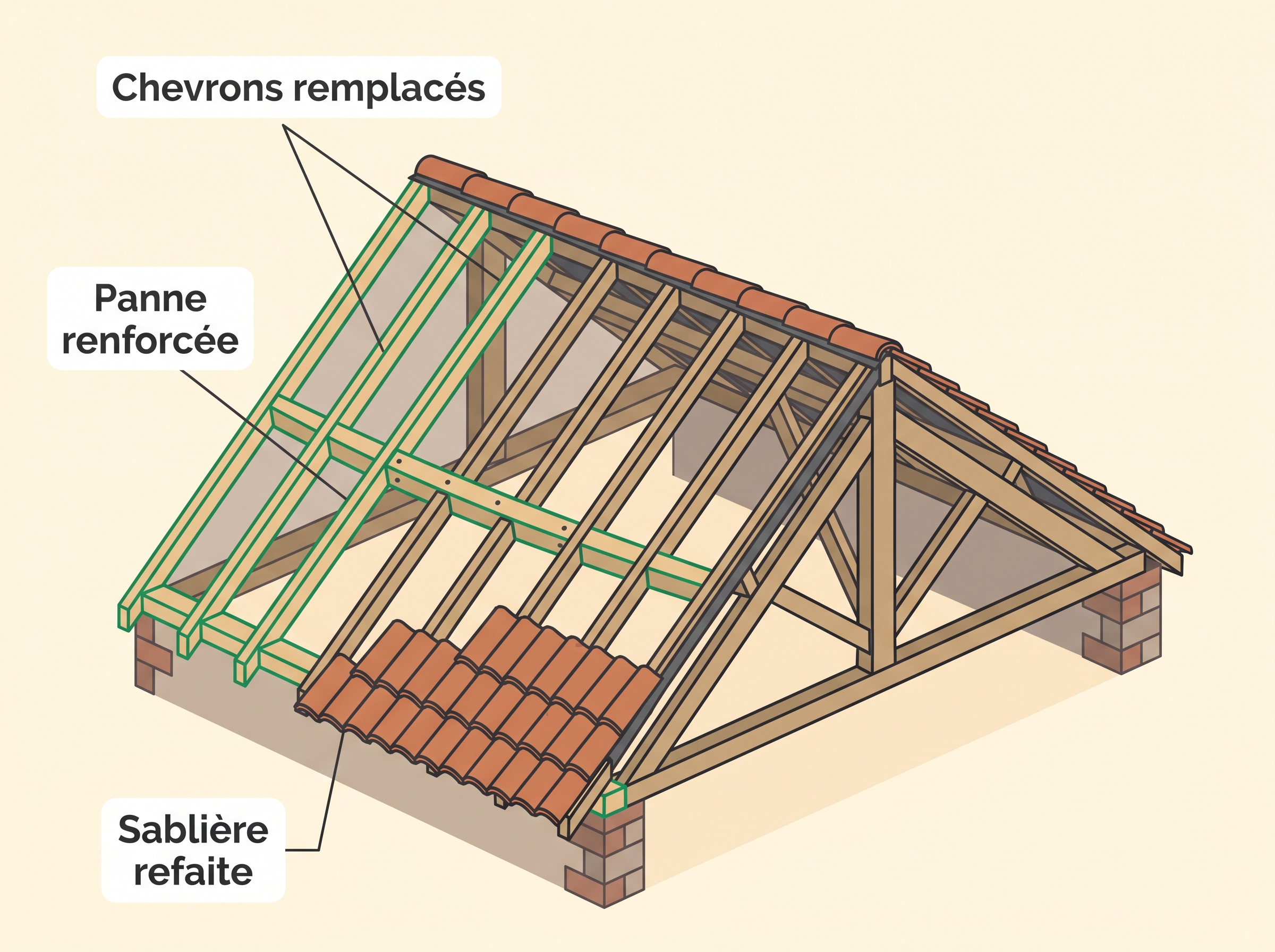 Schéma explicatif d'une charpente réparée : chevrons remplacés, panne renforcée, sablière refaite